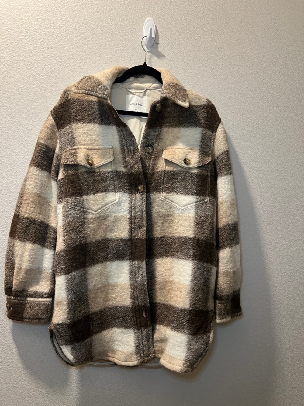 Wilfred Free Neutral Plaid Shacket in Cream & Brown